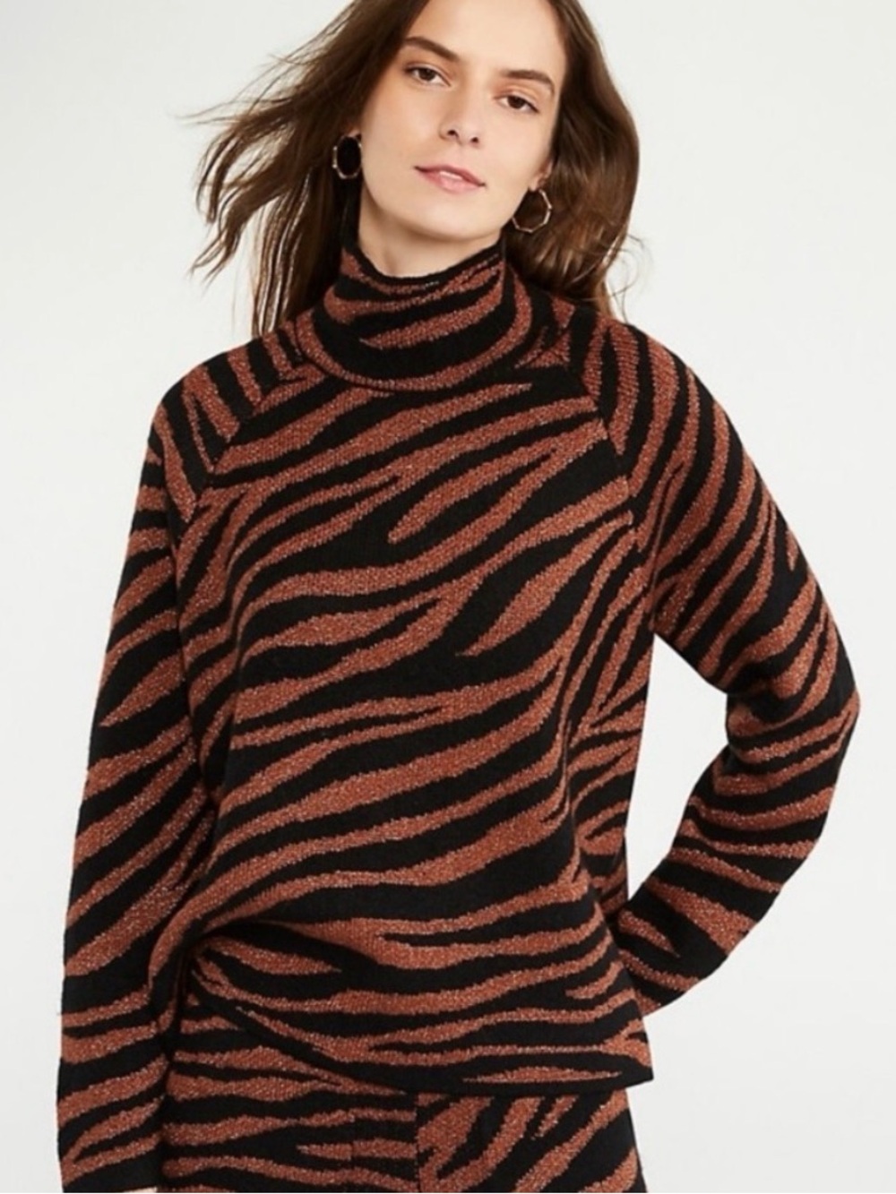 NWT Ann Taylor Metallic Zebra Wool Blend Mock Neck Sweater Black Bronze